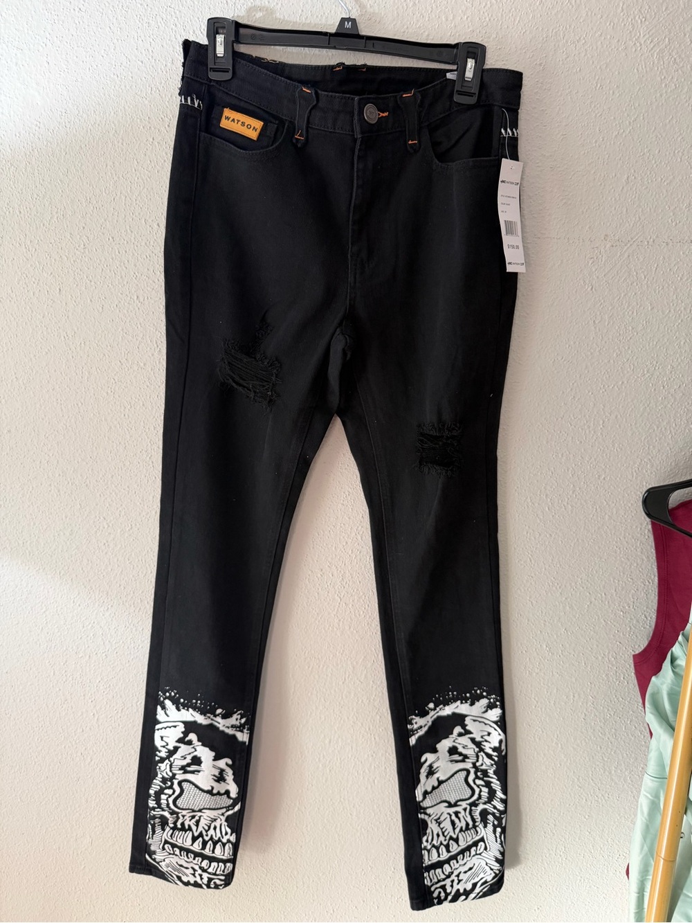 Black Skull-Print Distressed Men’s Jeans